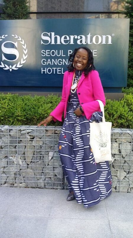 sarah standing infront of sheraton seoul hotel in south korea