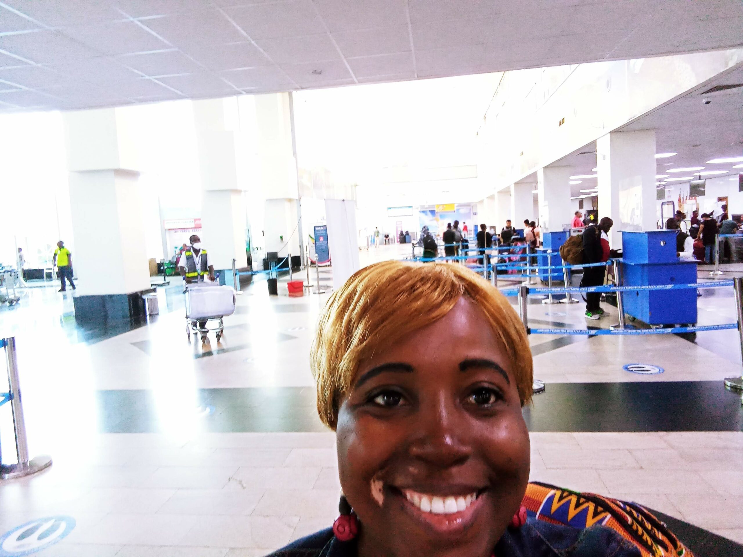 Sarah inside entebbe international airport
