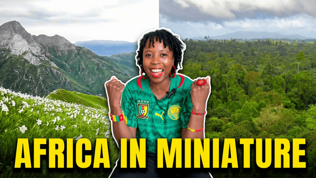 sarah smiling in traditional African attire with mountains and greenery in the background.