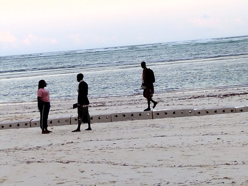 silhouettes of people walking along the white-sand shoreline of Diani Beach with the Indian Ocean in the background.